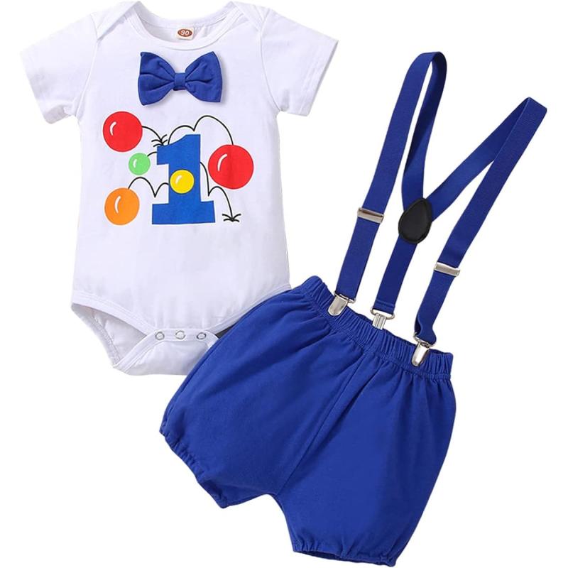 Baby Boys 1st Birthday Cake Smash Outfit Bowtie Romper Suspenders ...