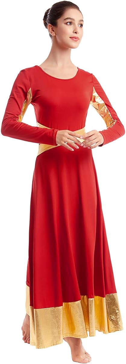 Women Metallic Cross Color Block Liturgical Praise Dance Dresses Christian Church Robe Worship