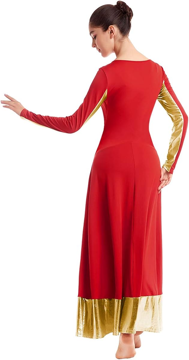 Women Metallic Cross Color Block Liturgical Praise Dance Dresses Christian Church Robe Worship