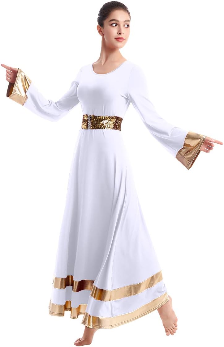 Women Metallic Praise Dance Dress Bell Long Sleeve Full Length ...